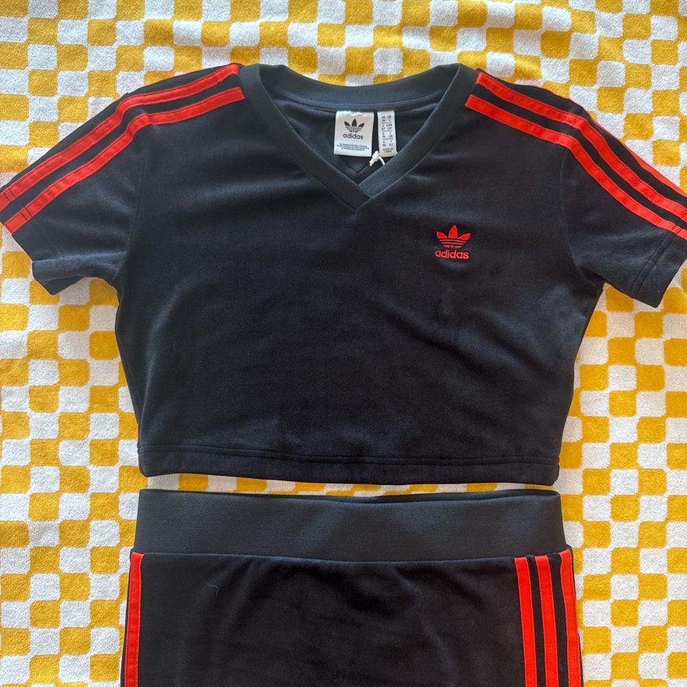 Adidas Black and Red V-Neck Velvet Crop Top and Skirt Set